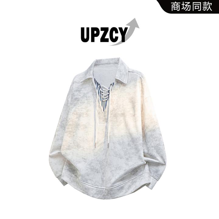 UPZCY男士翻领潮流卫衣春秋美式绑带扎染宽松休闲上衣高级感男装