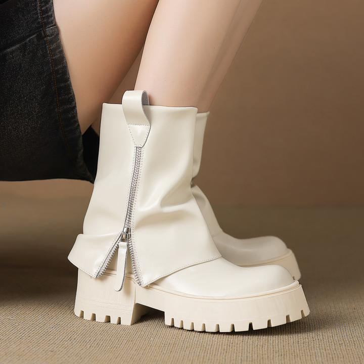 5cm小个子久穿不累脚厚底马丁靴真皮圆头裤筒靴米白色机车靴短靴