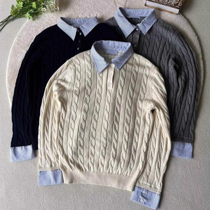韩系情侣穿搭绞花假两件拼接针织衫毛衣秋冬时尚长袖保暖Polo衫潮