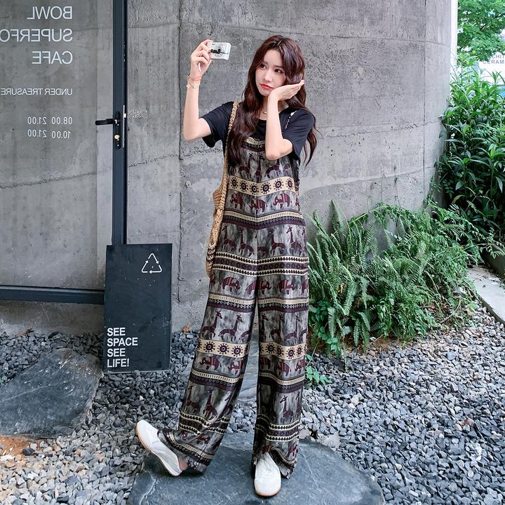 休闲T恤印花阔腿背带裤套装女夏2025巨好看气质显瘦松弛感两件套