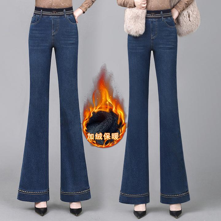 加绒牛仔裤女2026年刺绣喇叭裤胖mm松紧腰高腰春秋冬季微喇裤长裤