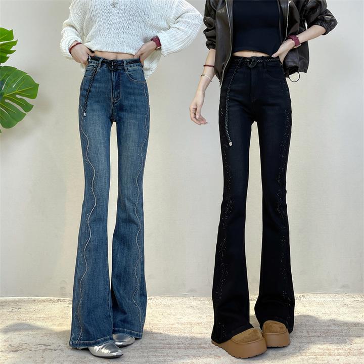 迪否重工烫钻设计感女牛仔裤秋季修身气质百搭微喇裤6357