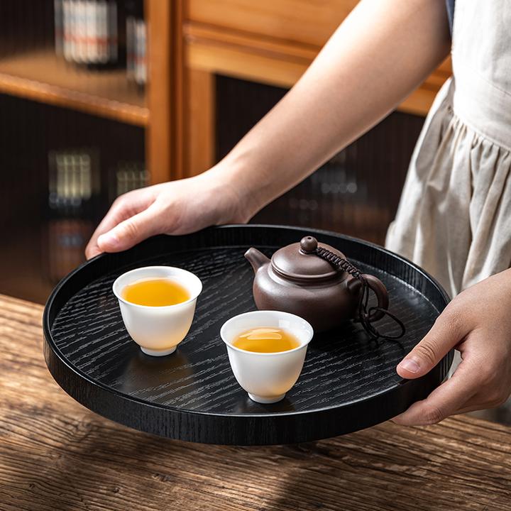新中式圆形茶盘家用木质茶壶茶几收纳托盘子水果点心放杯具干泡台