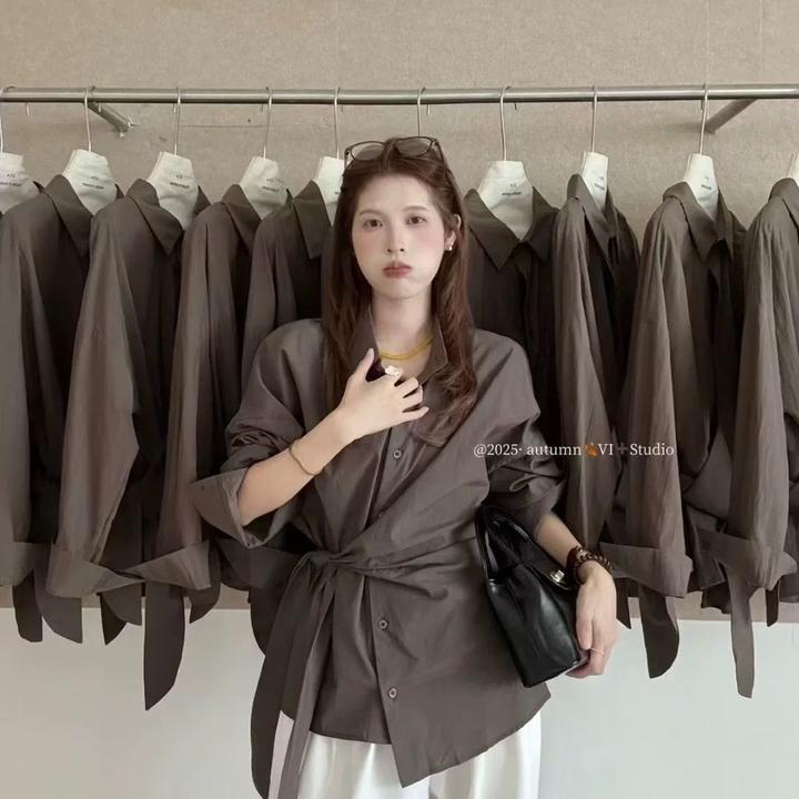 2025早秋新款韩版时尚百搭设计感小众绑带收腰显瘦长袖polo领上衣