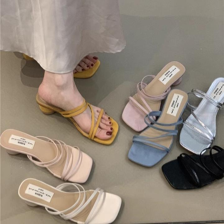 粗跟法式小凉拖鞋女鞋子外穿新款粉色配裙子晚风一字凉鞋