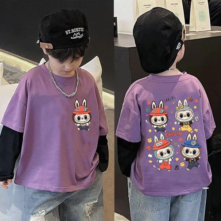 纯棉儿童拉布布假两件卡通春秋新款长袖t恤中小男童百搭外穿上衣t