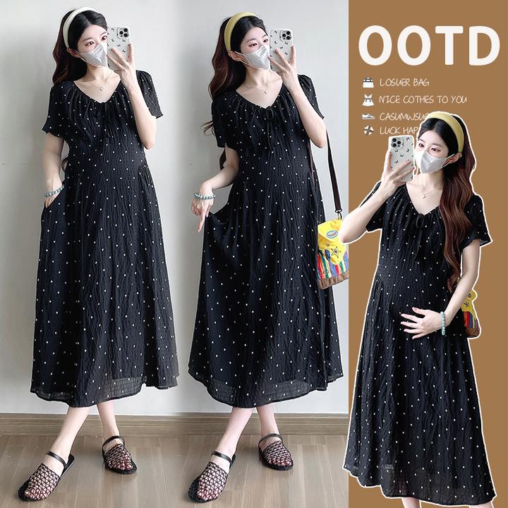 孕装「波点小调」夏季孕妇连衣裙2025新款时尚高级感V领显瘦裙子
