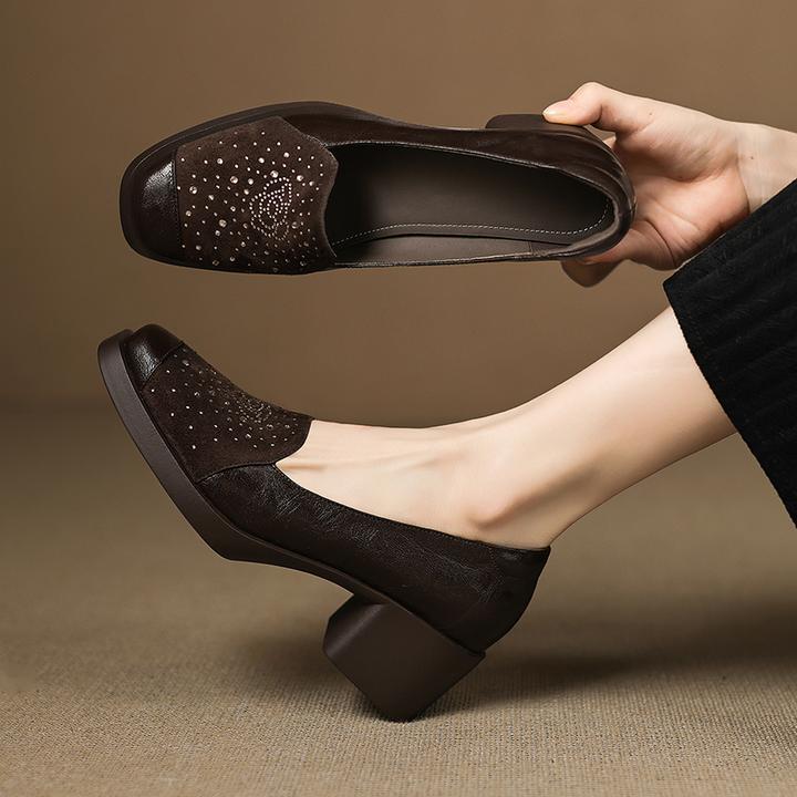 巨好穿法式深口单鞋女春秋厚底圆头中跟粗跟真皮高跟鞋铆钉乐福鞋