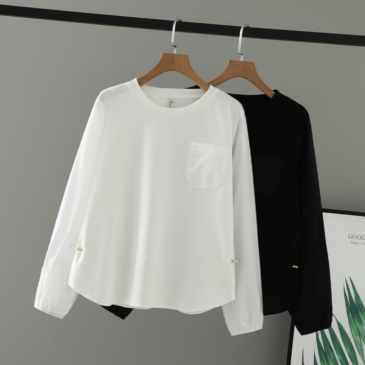 大码女装胖mm秋装圆领200斤拼接单口袋纯色女上衣长袖下摆开衩T恤