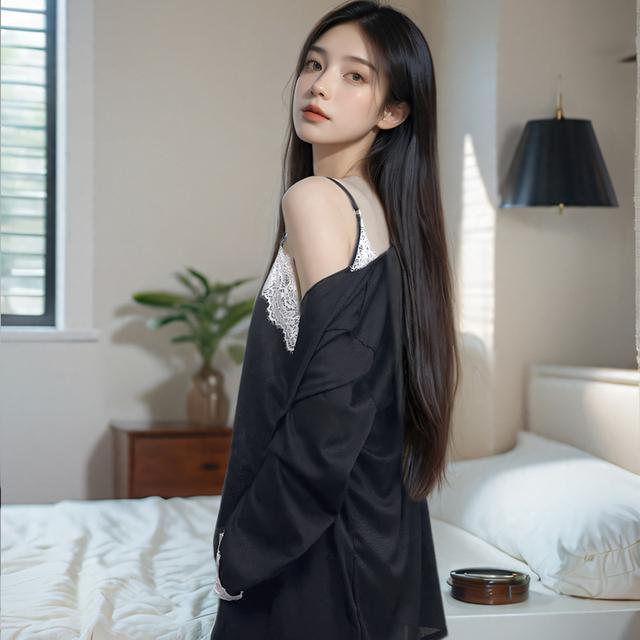 家居性感瘦服带(欲秋冬春长袖睡衣纯法式)垫显长裤女三件套胸蕾丝