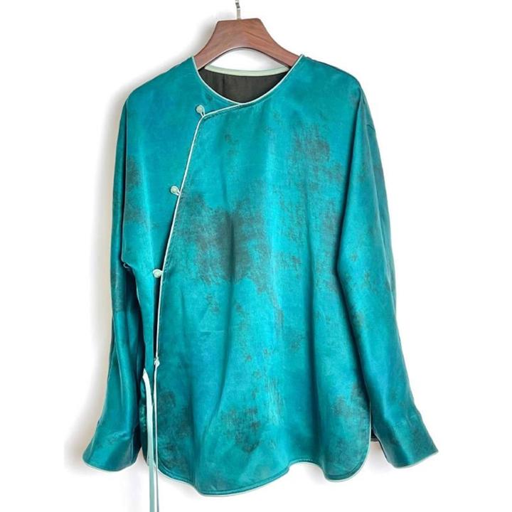 2025秋款新中式国风禅意清冷感复古大码显白孔雀蓝上衣女时尚时髦