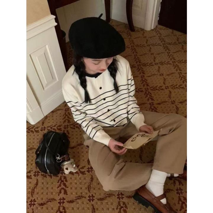 韩版宽松白色条纹针织开衫女2025新款秋季打底显瘦小个子洋气毛衣