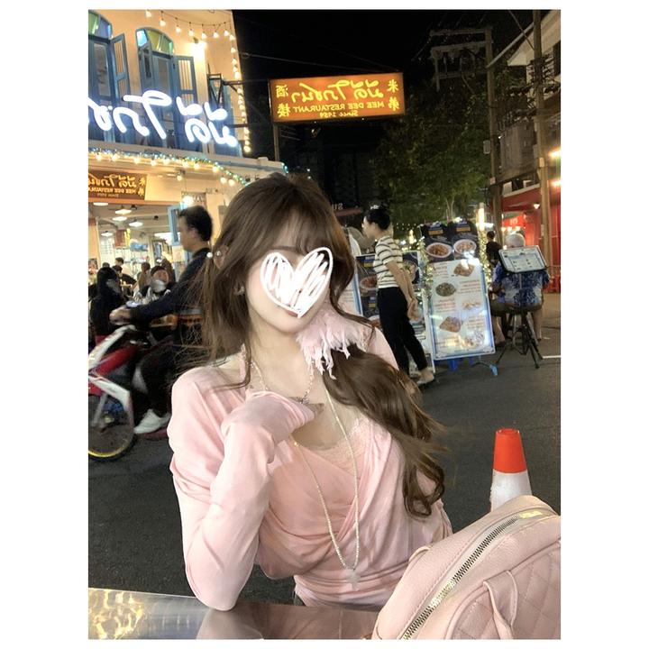 YIDENG2025春新款辣妹纯欲大领口V领收腰长袖蕾丝挂脖吊带两件套