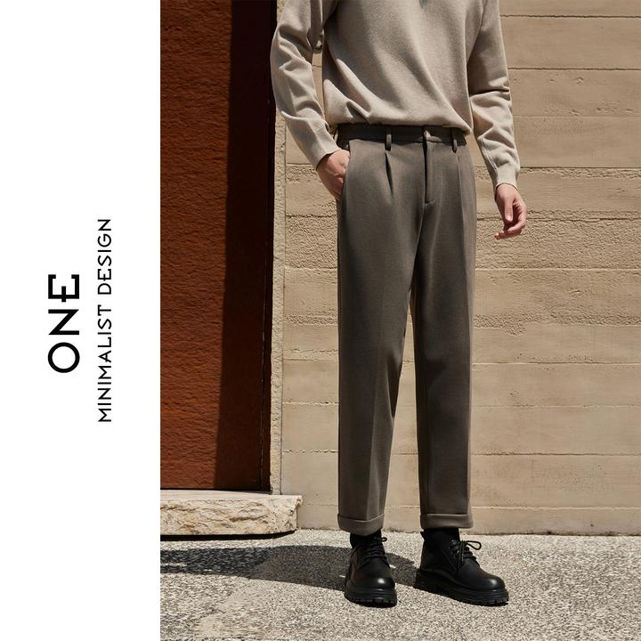 秋冬新款极简风男士毛呢裤直筒休闲裤加绒保暖显瘦抗皱免烫九分裤