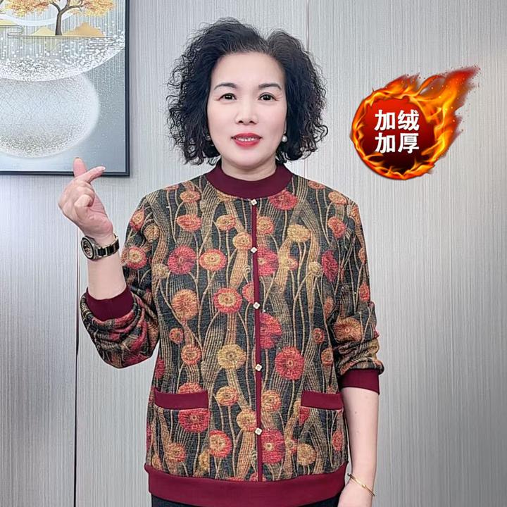 冬季新款时尚圆领印花口袋设计气质妈妈装加绒保暖打底上衣加厚