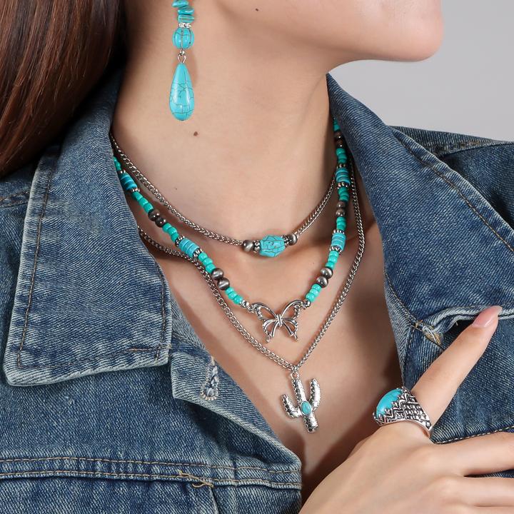铜合金项链 欧美百搭多层饰品项链复古蝴蝶锁骨链民族风仙人掌项