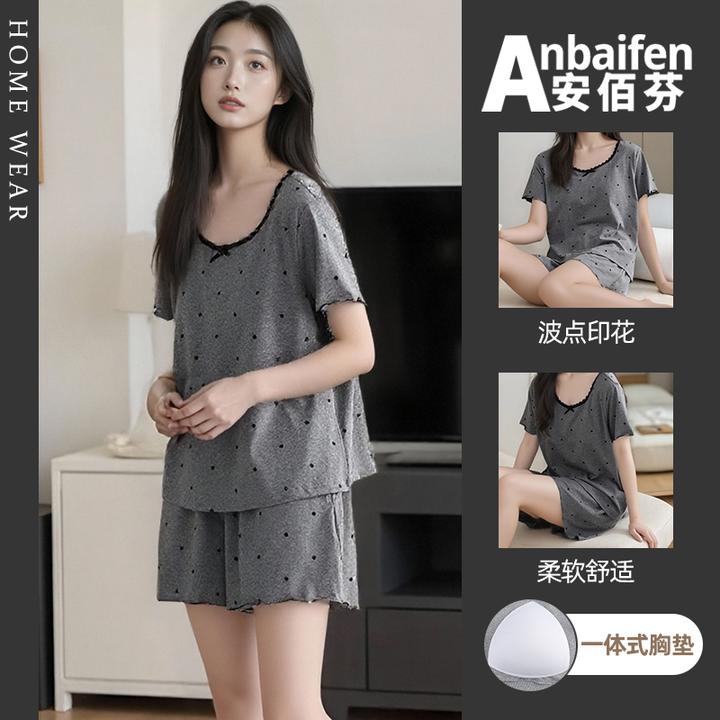 【凉感型】甜美波点睡衣女夏季短袖短裤带胸垫蝴蝶结家居服蕾丝花边