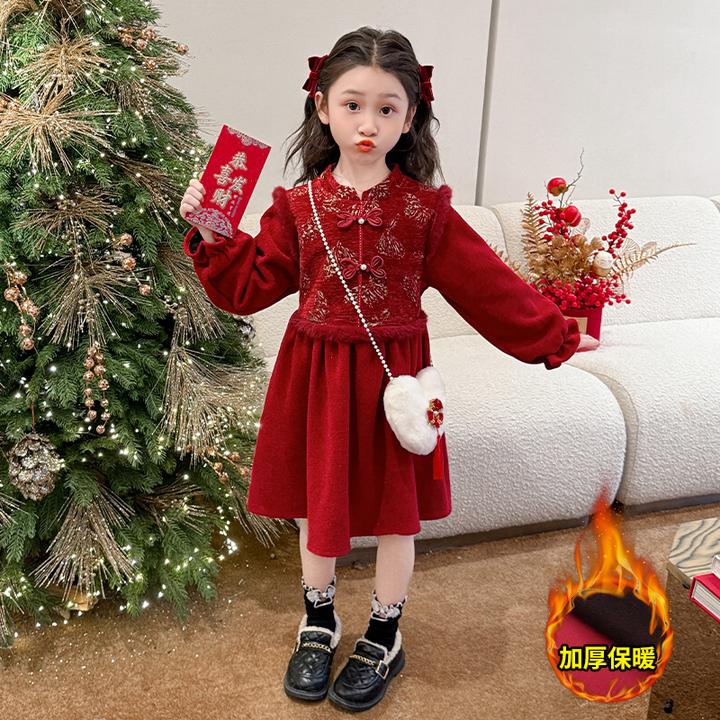巴拉童年拜年服女童加绒连衣裙秋冬2025新款儿童冬装女宝宝冬季中