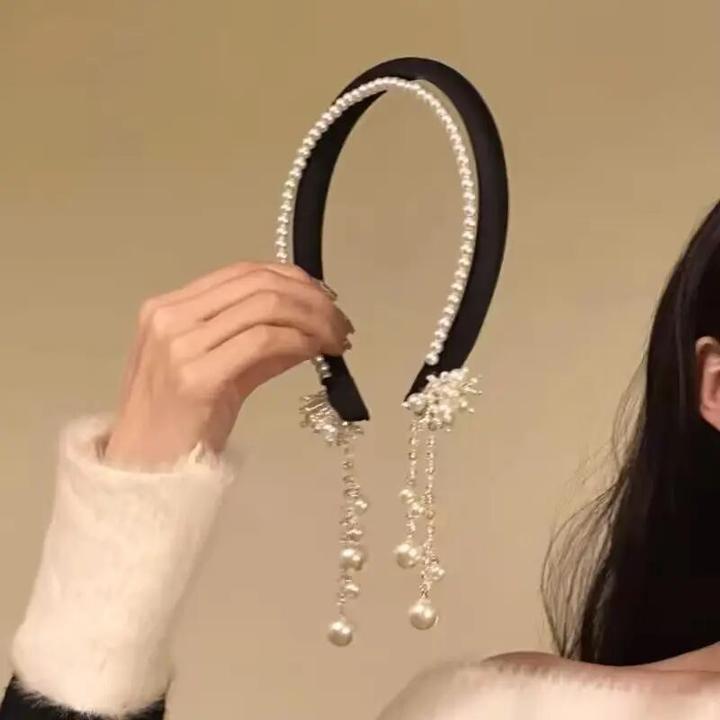 春日曼波~千金温柔气质黑丝绒珍珠流苏发箍精致高级感发饰头箍ZX