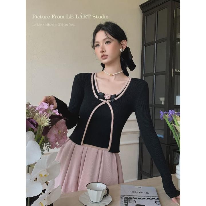 LELART早秋新款法式撞色花朵蝴蝶结吊带背心长袖针织开衫两件套女