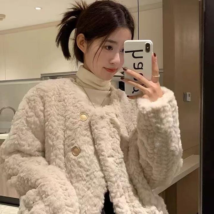 L034小香风羊羔毛外套女秋冬短款加厚毛毛绒气质高级感小个子上衣