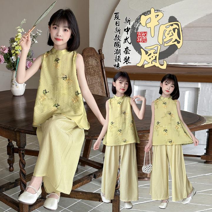 女童夏装旗袍套装2025新款夏季儿童新中式国风上衣宽松裙裤大童装
