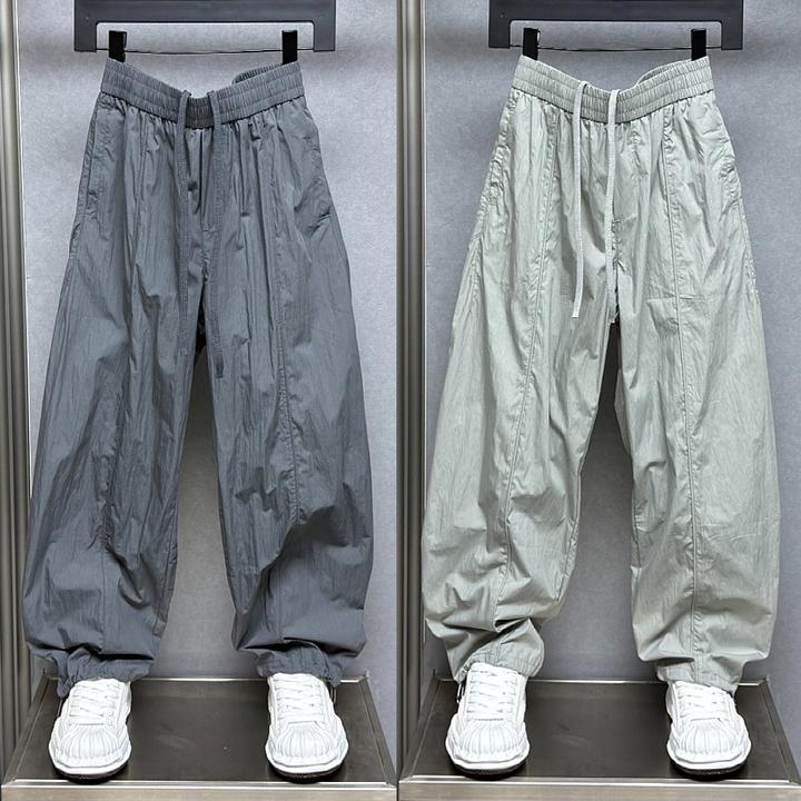 2025夏季薄款潮牌设计感休闲裤水洗拼接直筒裤男士宽松痞帅弯刀裤
