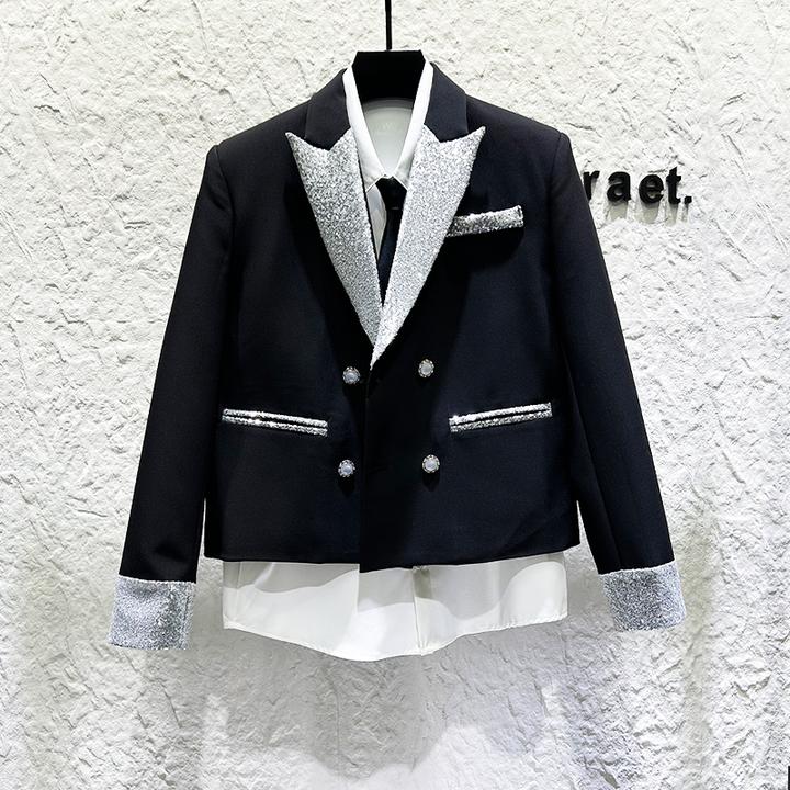DeweLvum新品时尚个性拼接亮片双排扣西装男潮牌短款西服外套男装