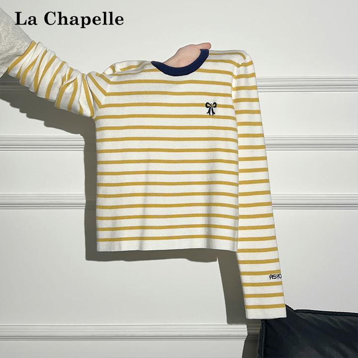 拉夏贝尔撞色条纹长袖打底针织衫T恤女秋季圆领正肩修身显瘦上衣