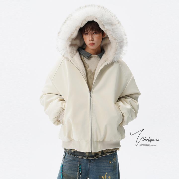 V37美式重磅加绒加厚毛领皮棉服男冬潮牌氛围感保暖连帽棉衣外套