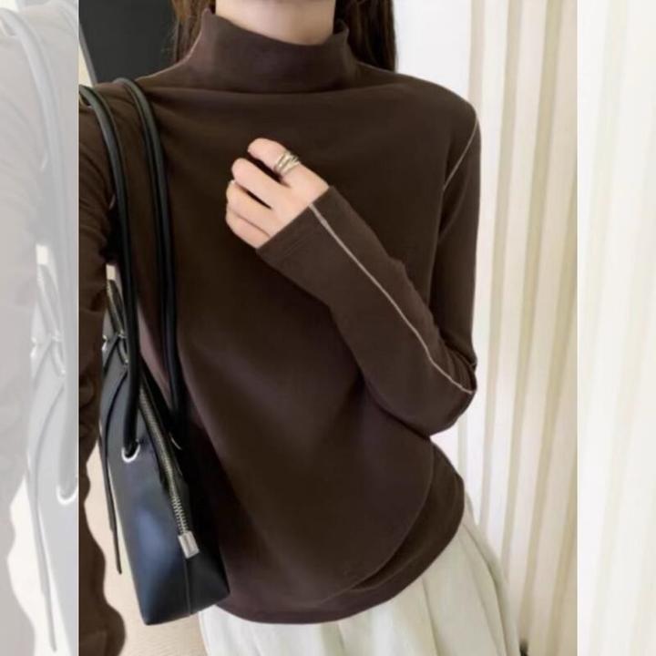 2025秋冬新款简约纯色高领百搭打底衫撞色拼接加绒打底衫时尚显瘦