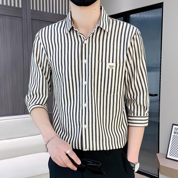 修身条纹短袖衬衫男潮牌新款男装百搭上衣服高级感痞帅休闲衬衣