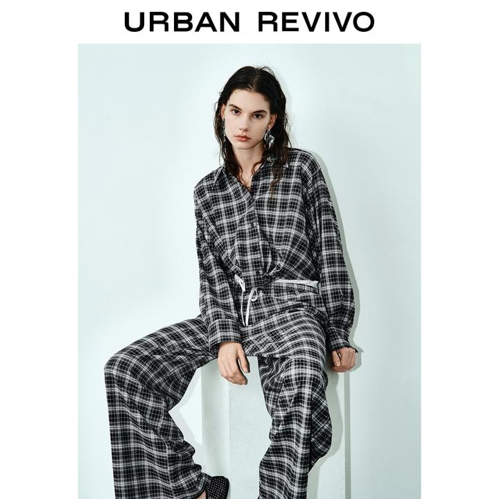 UR2025秋季新款女装撞色格纹烫钻装饰长袖罩衫衬衫UWJ250043