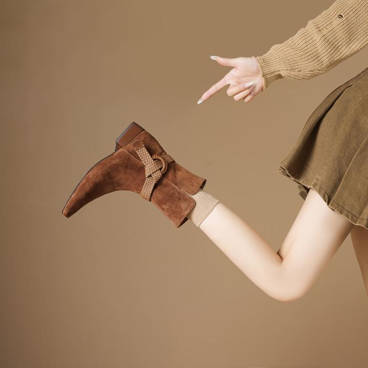 羊皮~3cm气质大码真皮编织绑带短靴女复古时尚方头百搭骑士靴女靴