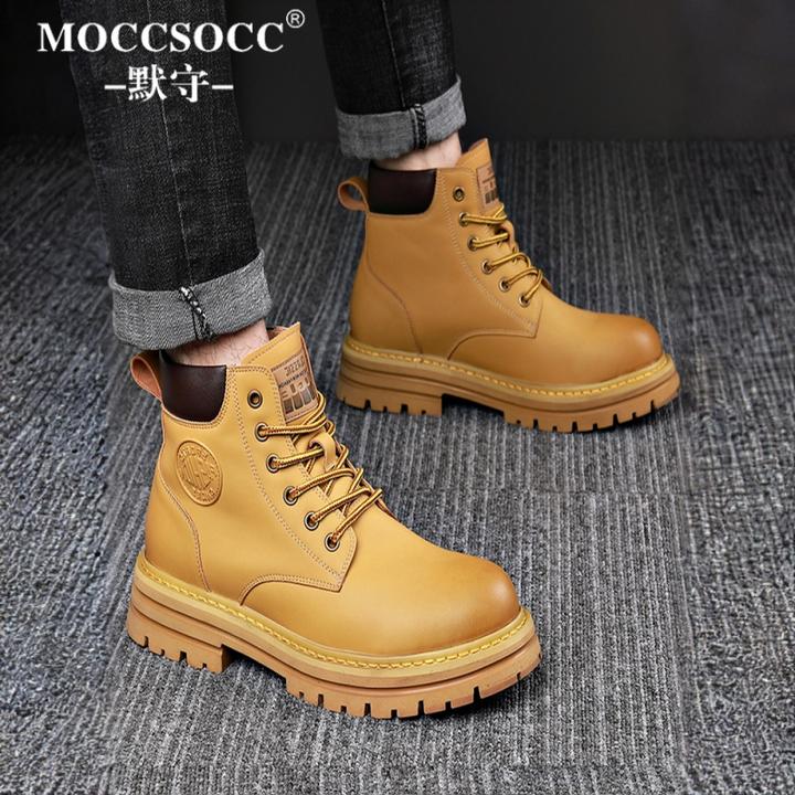MOCCSOCC男士马丁靴厚底增高短靴冬季加绒保暖工装靴时尚大黄靴男