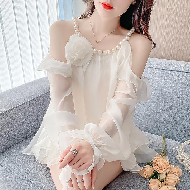 2025春季新款荷叶边超仙缎面衬衫挂脖露肩雪纺衣