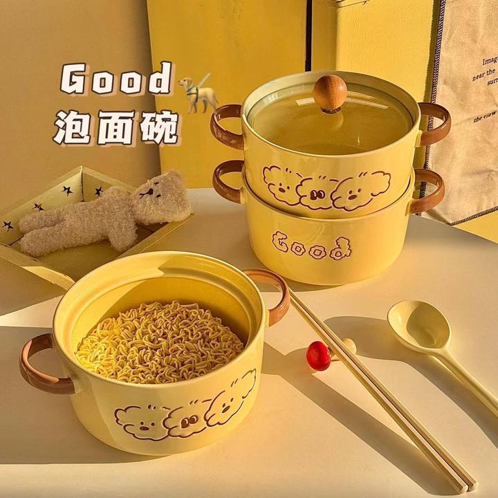 可爱陶瓷泡面碗带盖餐具学生宿舍大容量面碗个人用双耳螺蛳粉碗LX