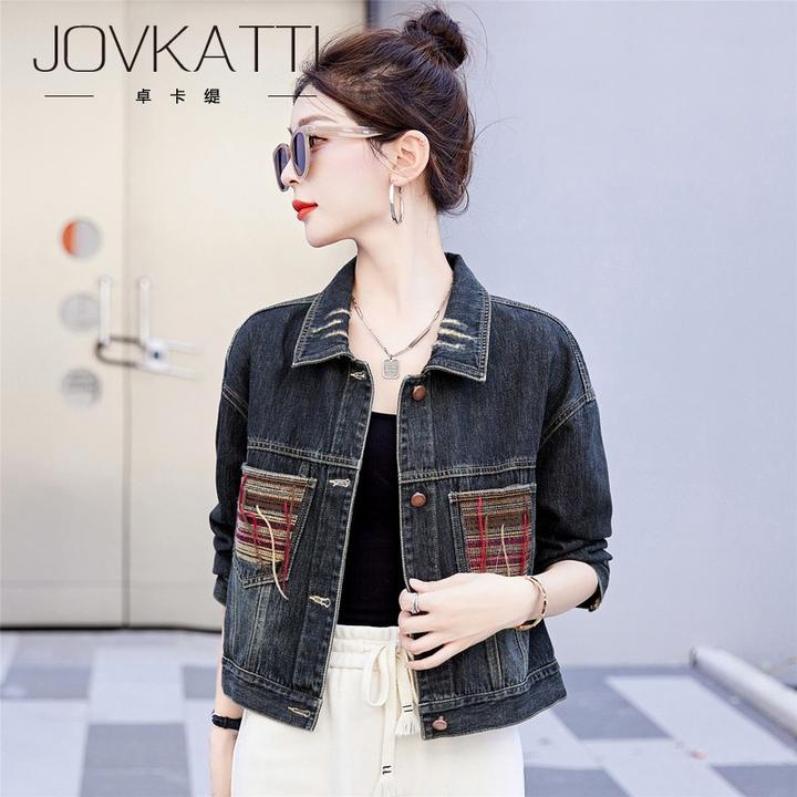 复古港风牛仔外套女2025春秋新款宽松显瘦高级感撞色刺绣翻领上衣