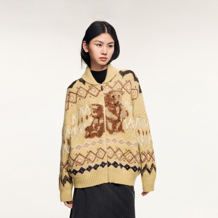 UOOYAA/乌丫2025冬「伤心小熊」费尔岛雪橇领毛开衫UY25432M434223