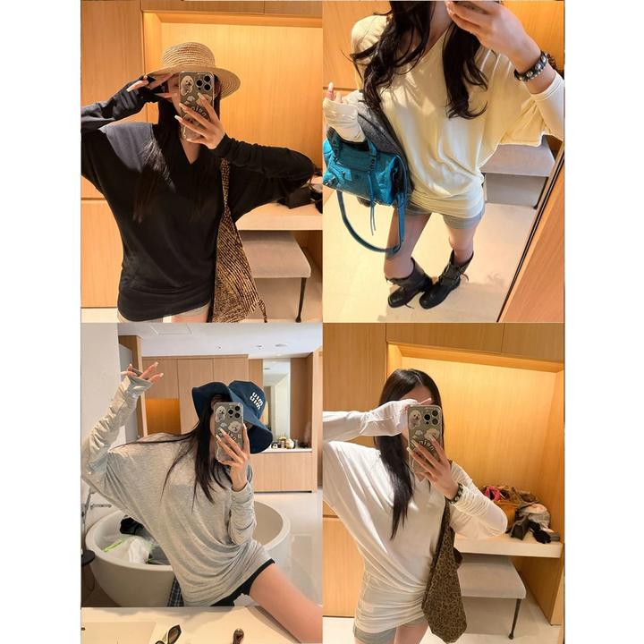 2025年新款莫代尔薄款长袖T恤女早春季V领套头宽松百搭ins上衣