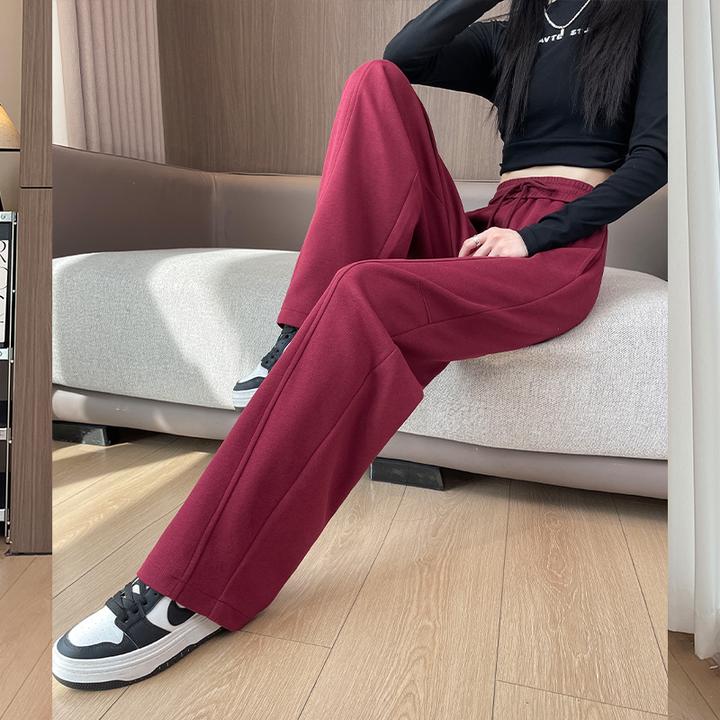 酒红色窄版香蕉运动裤女春秋冬2024新款小个子直筒休闲阔腿卫裤子