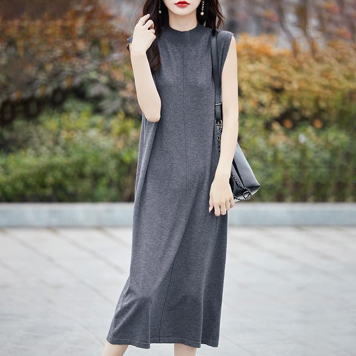 优雅气质年春季无袖套头半高领中长款连衣裙夏季显瘦大码宽松