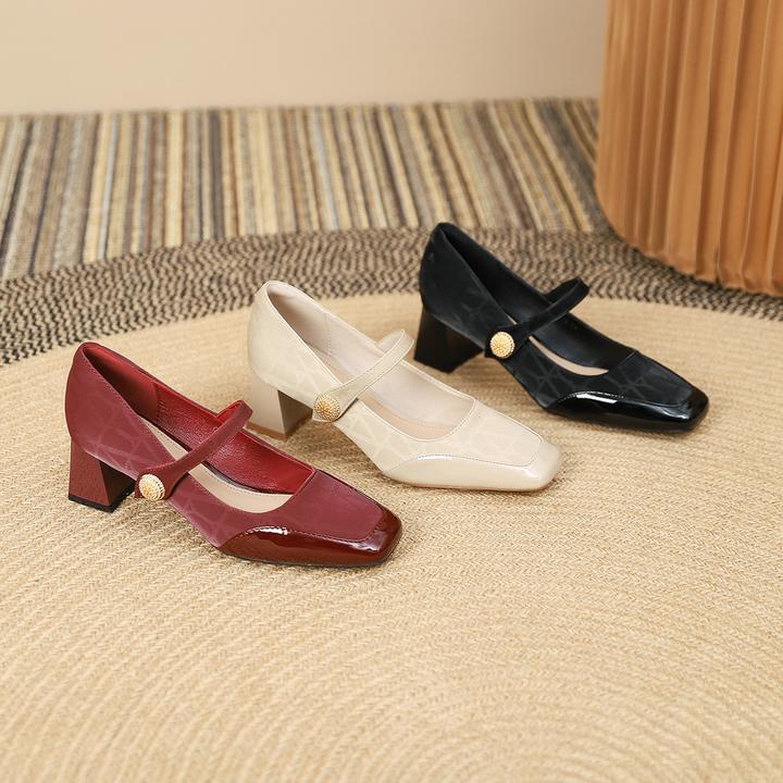 早春新款法式复古红色玛丽珍鞋女PU漆皮粗跟单鞋3439码