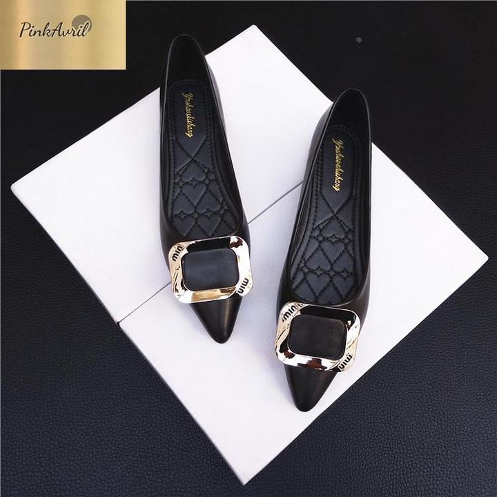 PinkAvril平底鞋女软底2025春新款法式尖头浅口单鞋舒适黑色皮工