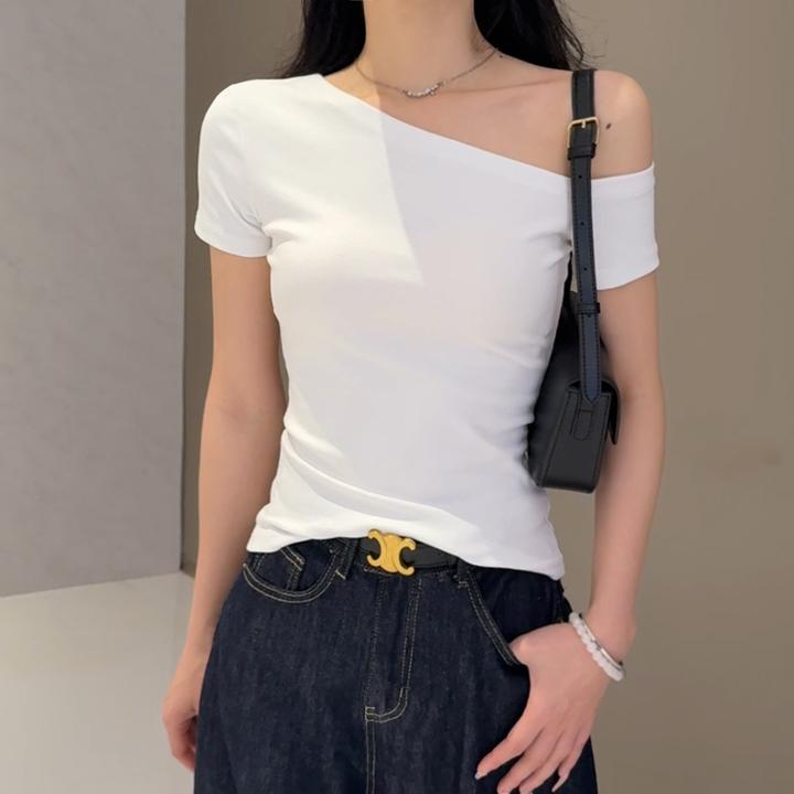 新款白色短袖t恤女2025年露肩斜领修身显瘦紧身上衣春夏季洋气