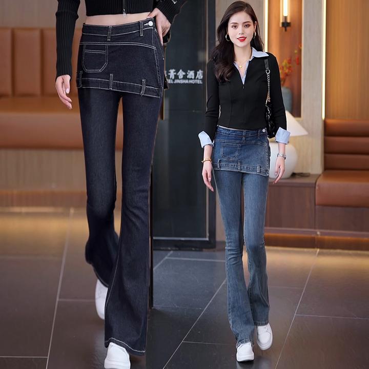 辣妹牛仔裤春秋季复古设计外穿美式简约韩版假两件网红女高街