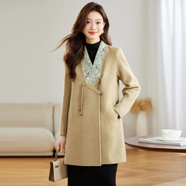 新中式国风双面羊毛大衣女新款秋冬气质中长款毛呢外套呢子冬季