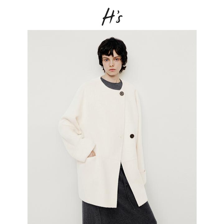 H'S短款毛呢外套女25冬新款高级设计圆领落肩绵羊毛呢子大衣上衣