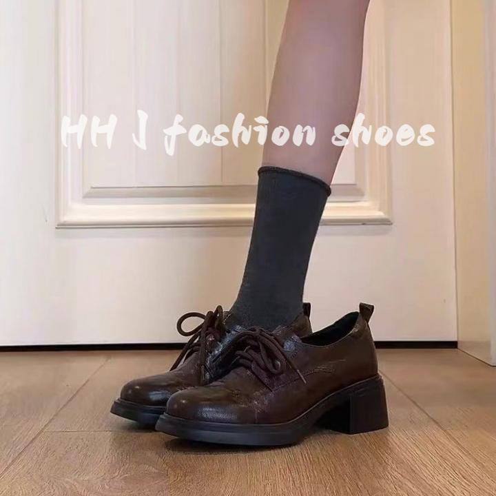 羊皮版~2025新款复古风厚底高跟乐福鞋女款英百搭圆头系带小皮鞋