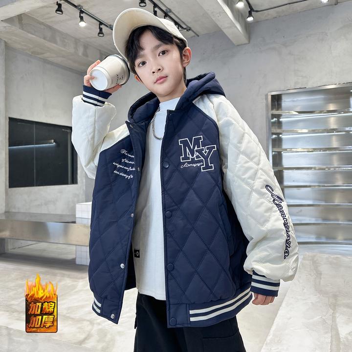 男童棒球服冬款加厚保暖中大童洋气拼色夹棉连帽外套儿童上衣冬装